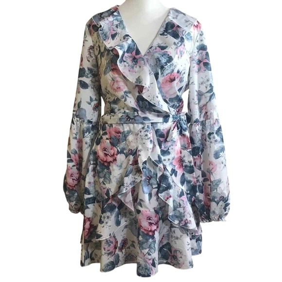 Quiz Dress Womens 8 Floral Ruffle Long Sleeves Tie Waist Lightweight‎ - Picture 1 of 10